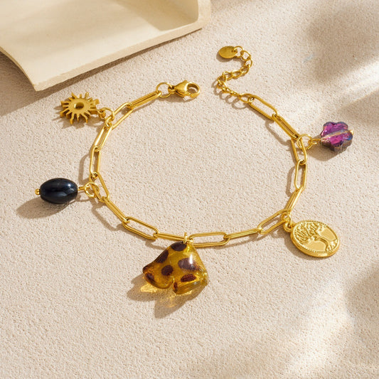 Vintage Gold Plated Stainless Steel Oval Floral Leopard Print Resin Charm Bar Bracelet