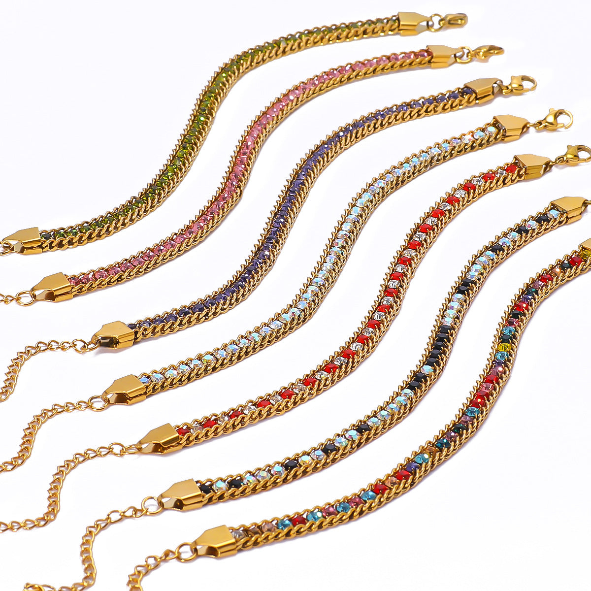 Bohemian Stainless Steel 18K Gold Plated Geometric Bracelet with Colorful Rhinestones Minimalist Women's Jewelry