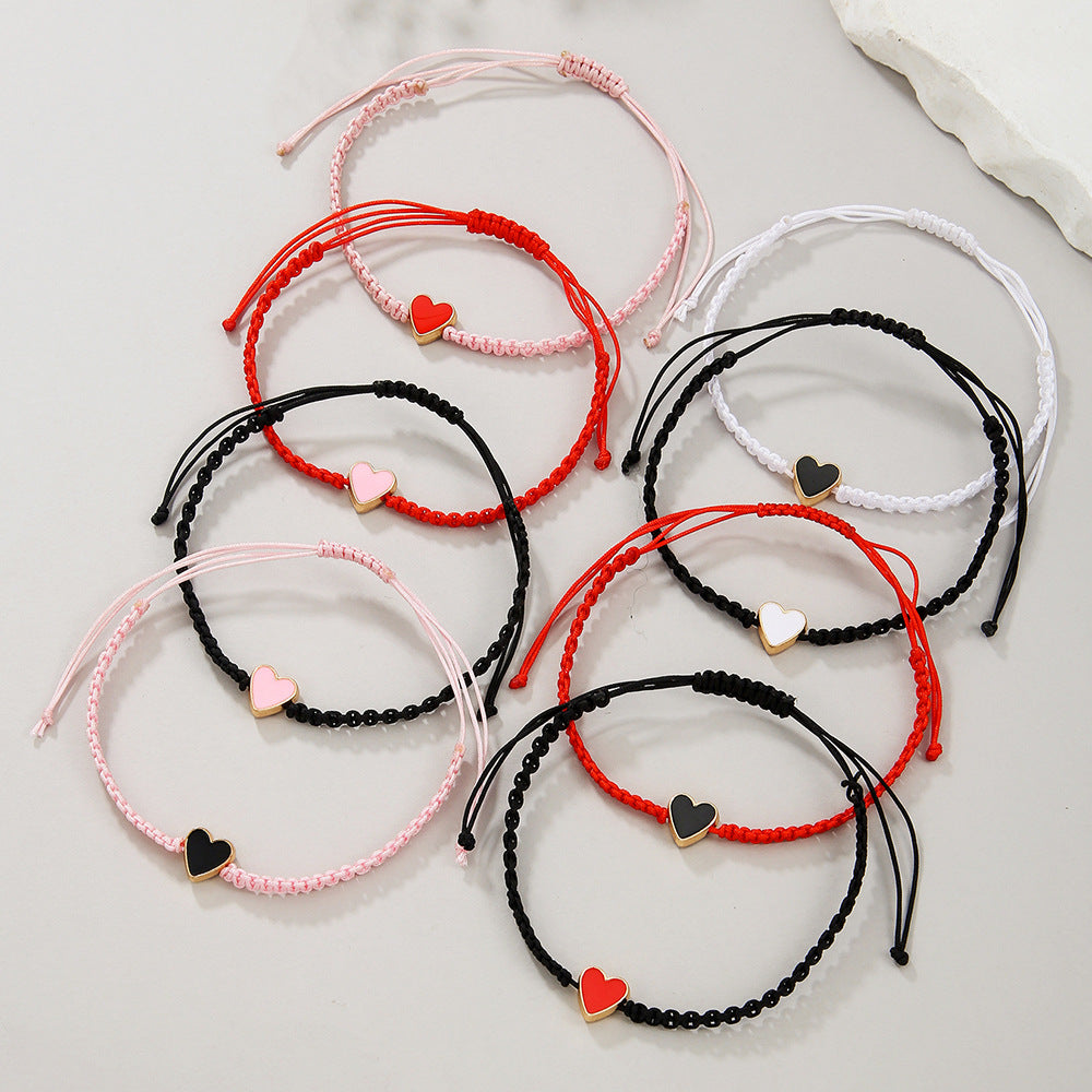Handmade Enamel Heart Bracelet in Alloy with Braided Design for Women and Men, Minimalist Geometric Friendship Bracelet