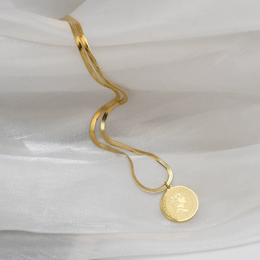 Vintage Minimalist Round Geometric Relief Portrait Pendant Titanium Steel Box Chain Necklace for Women