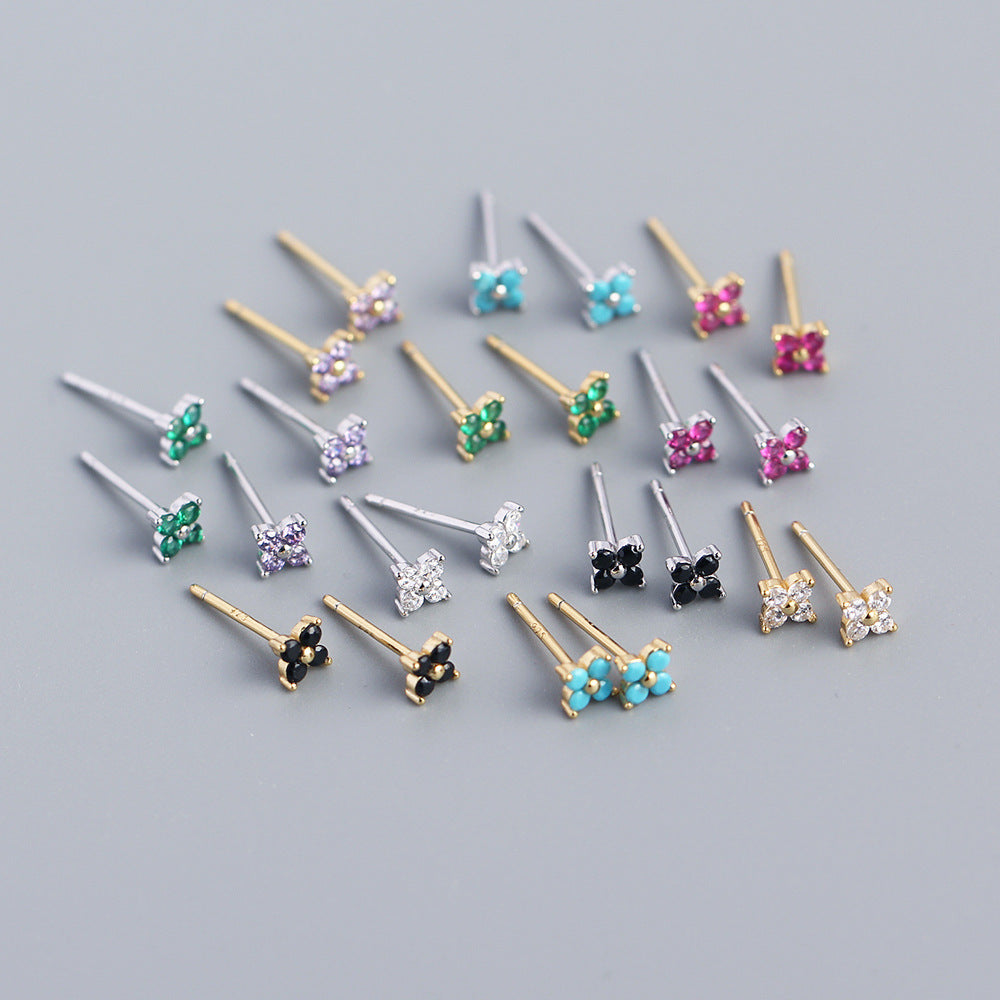 Minimalist Sweet 925 Sterling Silver Inlaid Rhinestone Floral Stud Earrings