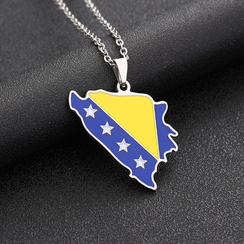Collar con colgante de mapa geométrico de estilo étnico de Bosnia y Herzegovina en acero inoxidable con dije de acero de titanio, cadena en O galvanizada, unisex