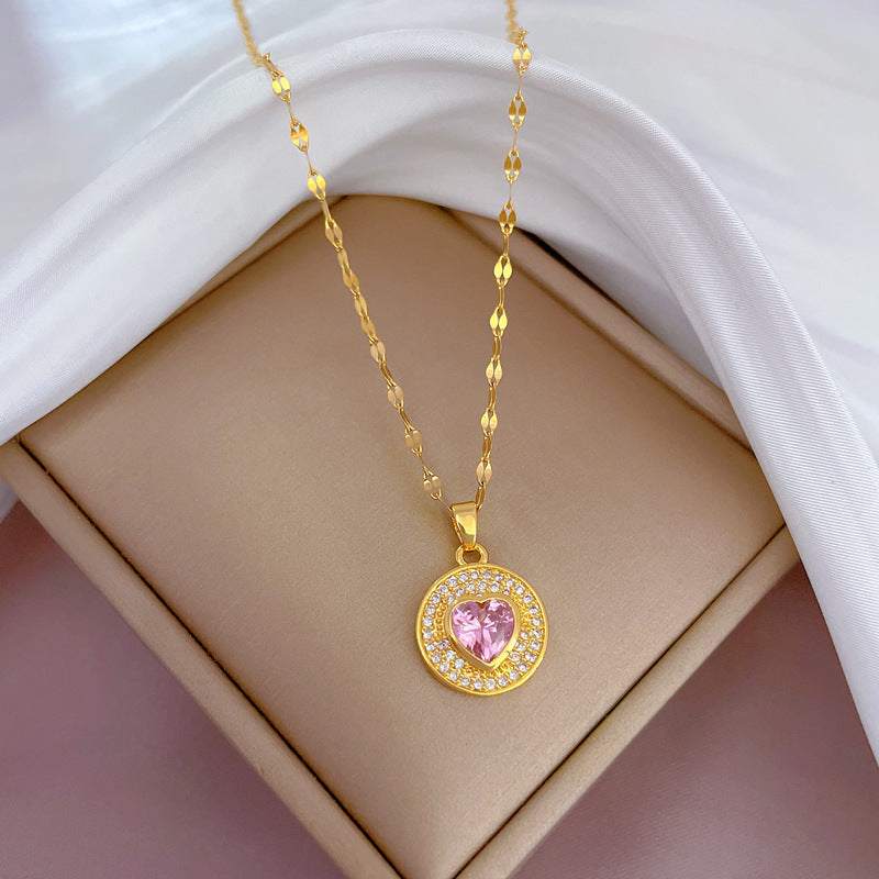 Minimalist Heart-Shaped Titanium Steel Necklace with Rhinestone Inlay, Floral Petal Pendant Design for Women