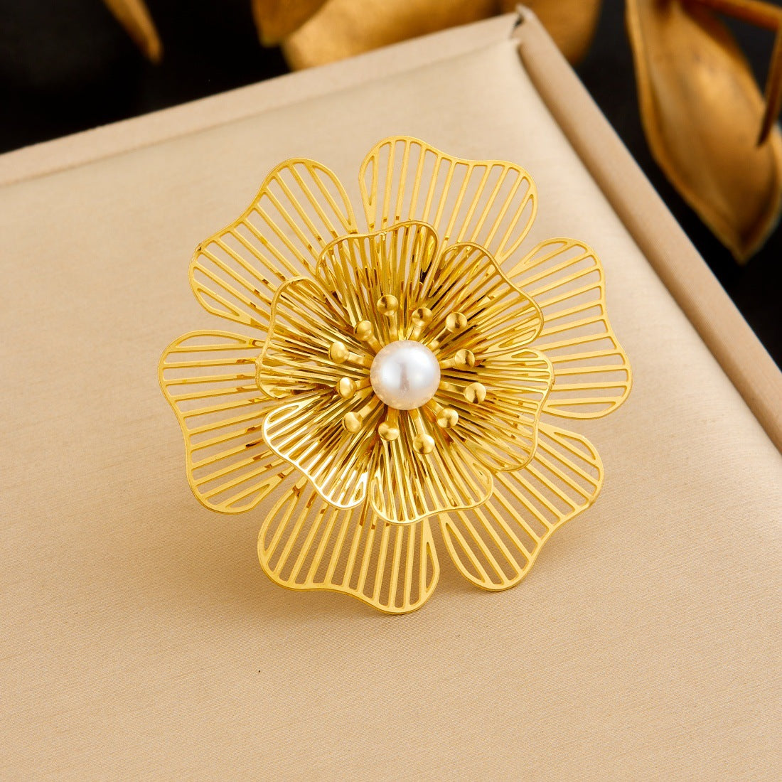 Gold Plated Stainless Steel Hollow Layered Flower Butterfly Ring for Women