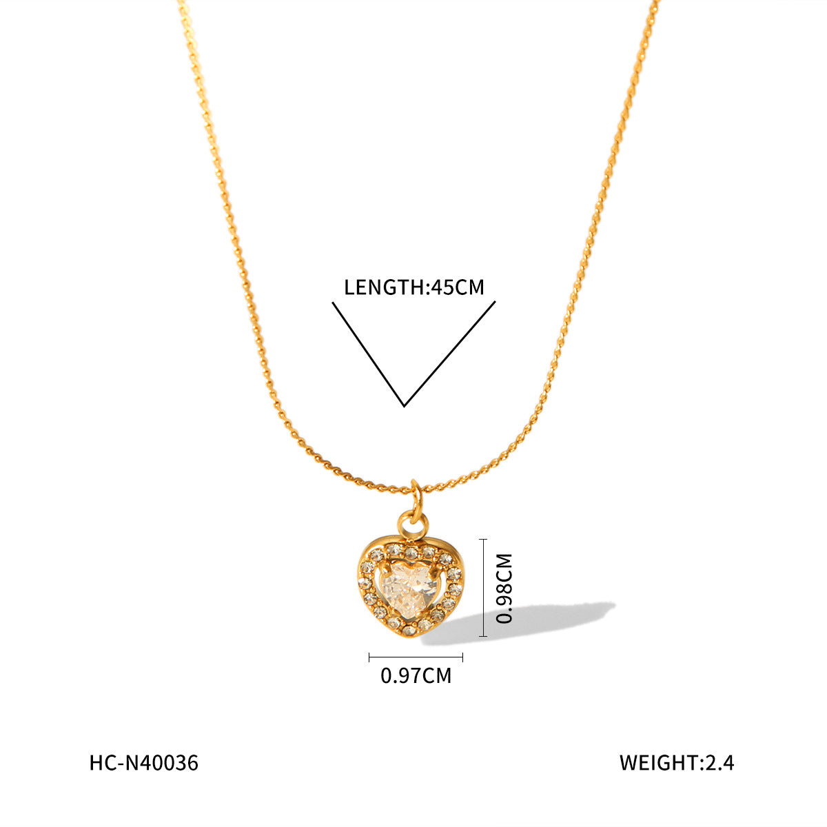 Fashion Ins Style 18K Gold Plated Geometric Heart Stainless Steel Necklace for Women with Rhinestone Inlay