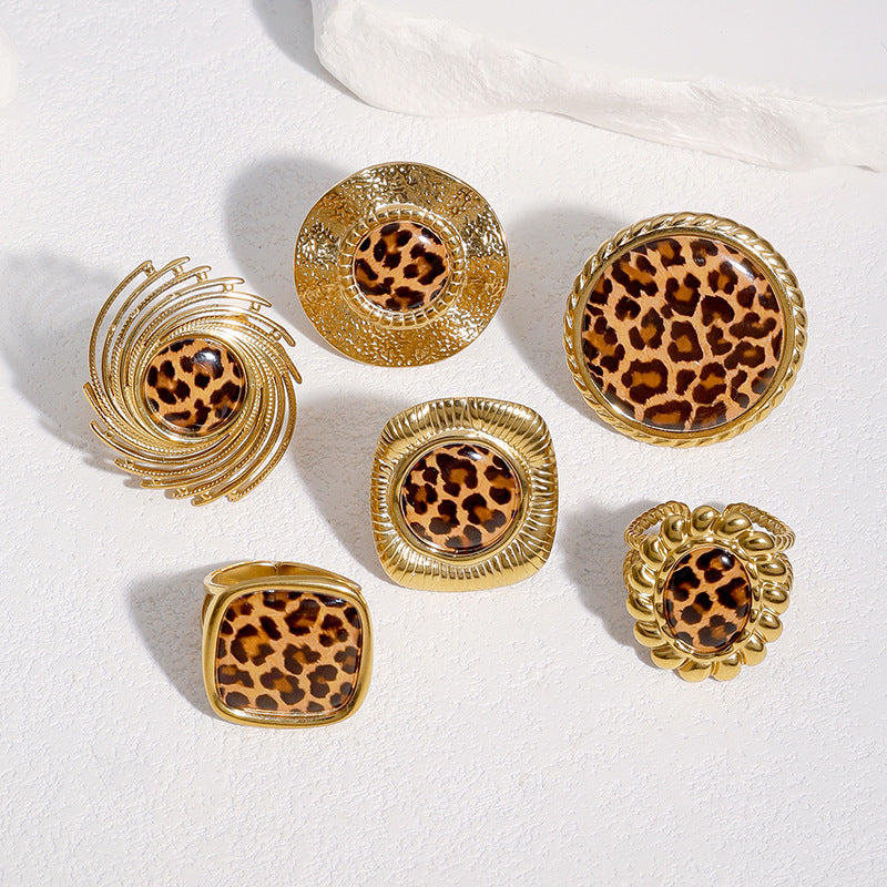 Luxury Leopard Print Geometric Plated Stainless Steel Open Ring for Women