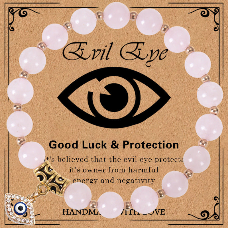 Minimalist Elegant 8mm Pink Zebra Stone Evil Eye Bracelet Unisex Fashion Jewelry Gift