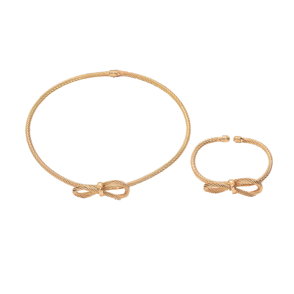 Luxury Minimalist Geometric Bow Knot Pendant Necklace and Bracelet Set for Women with Electroplated Iron