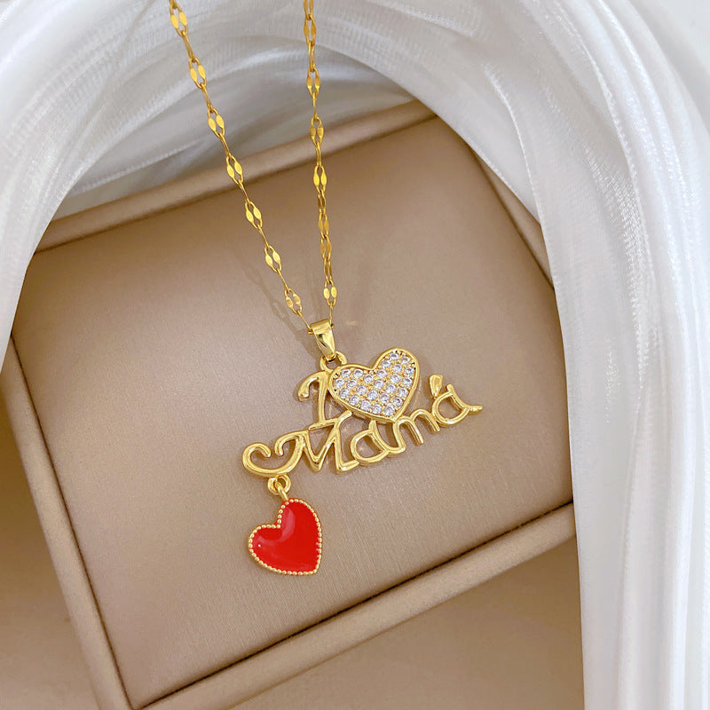 Sweet Drip Oil Heart Rhinestone Titanium Steel Necklace with Cable Chain