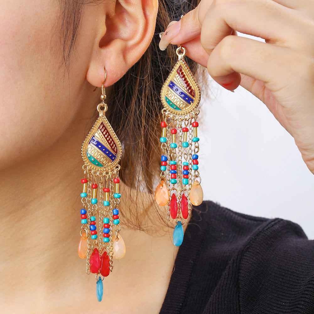 Bohemian Ethnic Teardrop Geometric Seed Bead Tassel Alloy Plated Earrings for Unisex