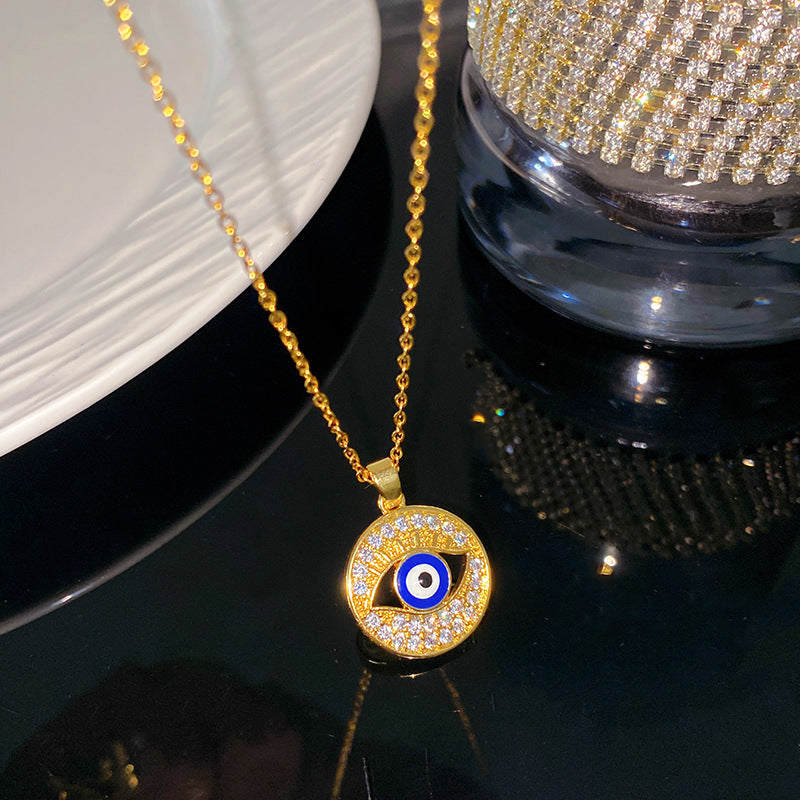 Sporty Sweet Evil Eye Floral Pendant Titanium Steel Necklace with Cable Chain