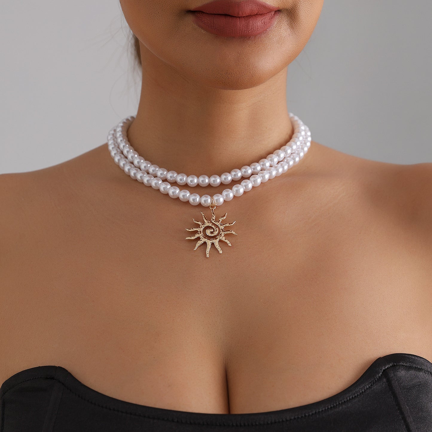 Bohemian Geometric Floral Sunflower Alloy Necklace with Imitation Pearl Plated Finish for Women