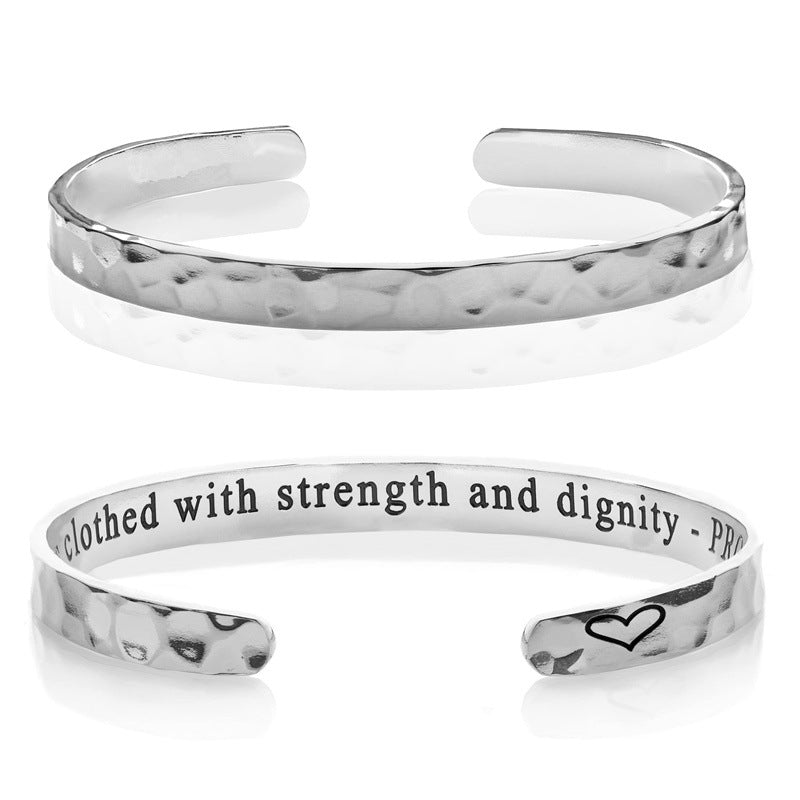 Minimalist Stainless Steel Engraved Open Moon Surface Textured Hammered Bracelet