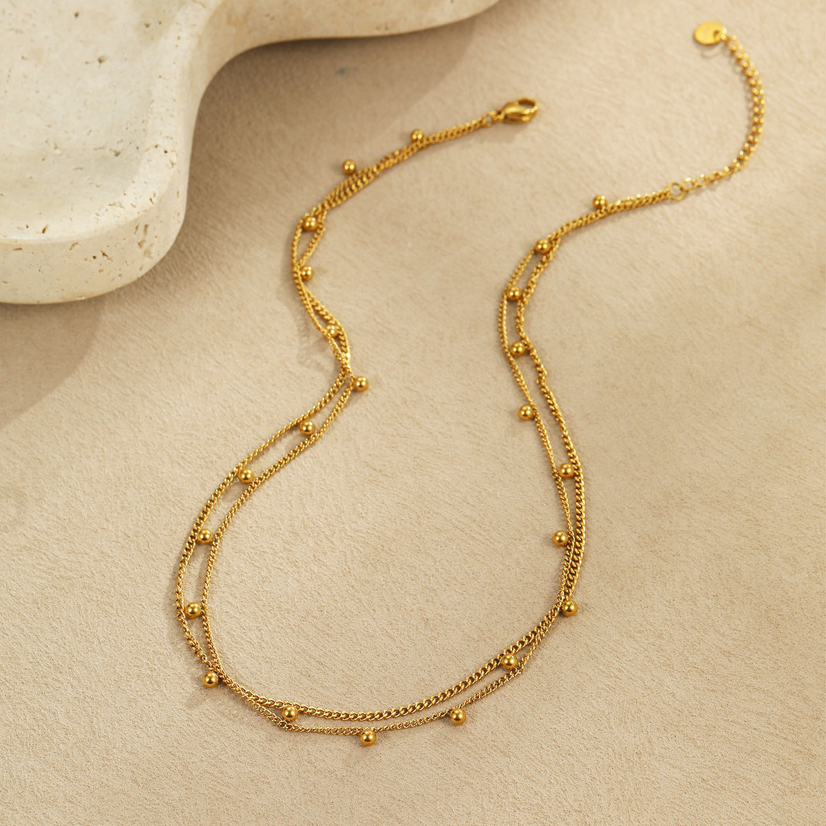 Vintage Fashion Stainless Steel Beaded Necklace for Women with Gold Plating and Geometric Design