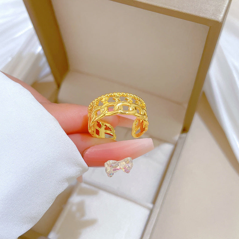 Minimalist Sweet Gold Plated Brass Crown Ring Adjustable Open Band for Women Couples