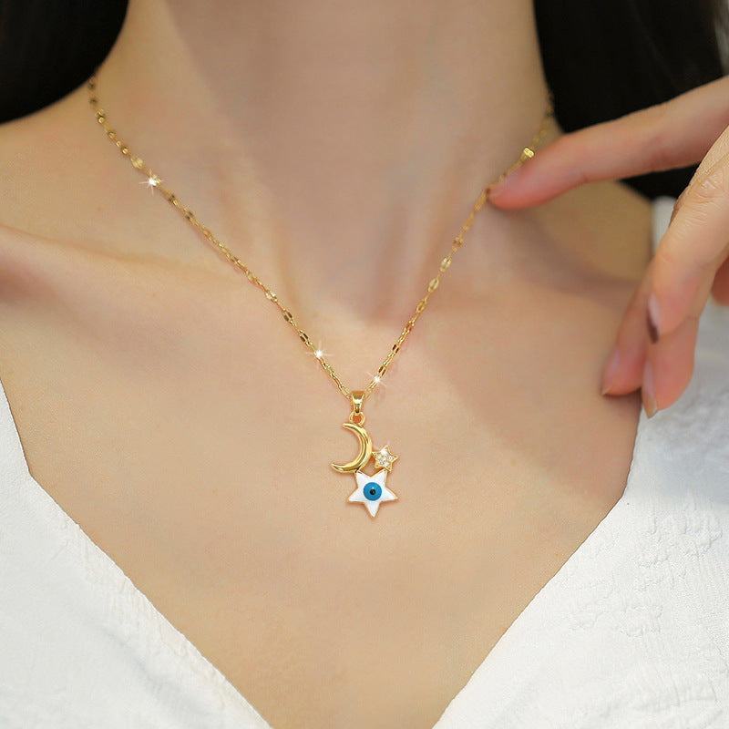 Luxury Star Moon Eye Titanium Steel Clavicle Necklace for Women