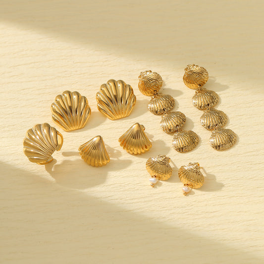 Vintage Style Scallop Shell Shaped Titanium Steel Earrings with Plating Finish for Women