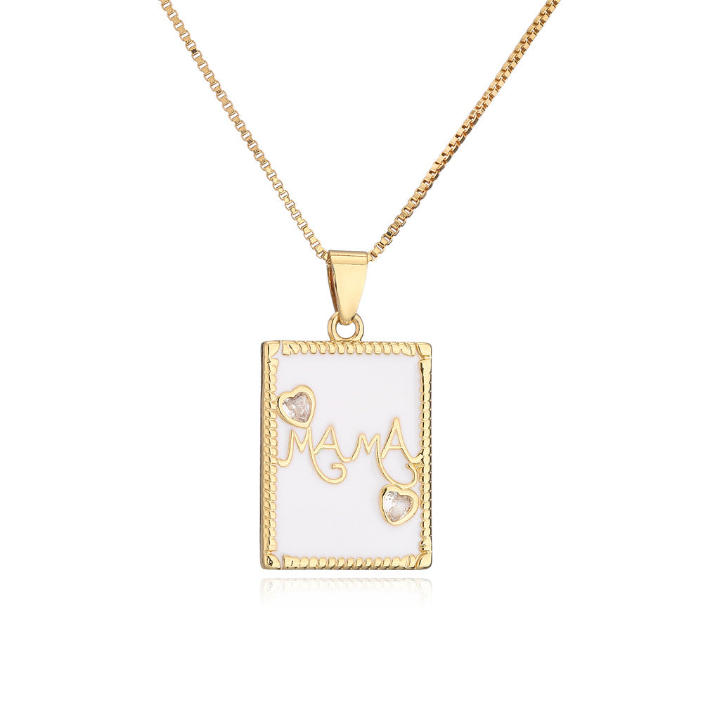 Minimalist Geometric MAMA Pendant Necklace for Women with Copper Base Plated in 18K Gold and Enamel Finish, Rhinestone Inlay