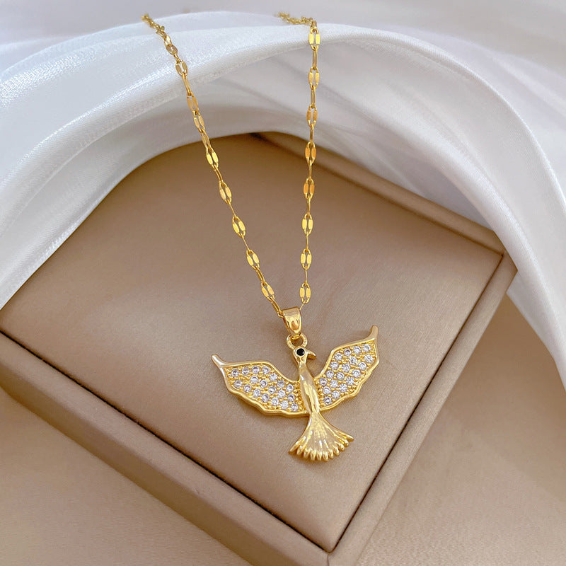 Elegant Geometric Bird Pendant Necklace for Women Stainless Steel Chain with Full Rhinestone Accents Lightweight Delicate Clavicle Chain