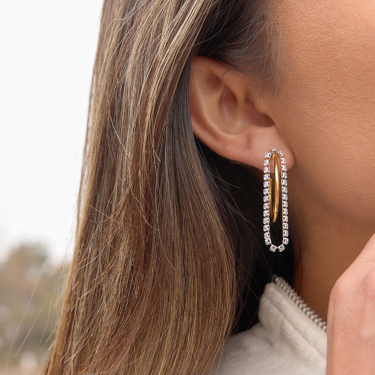 Elegant Geometric Stainless Steel Plated Cubic Zirconia Tassel C-Hoop Earrings for Women