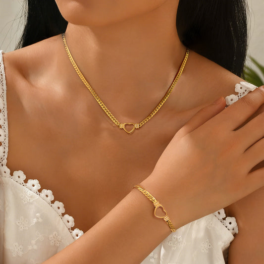 Conjunto de collar y pulsera de cadena cubana con corazón hueco, minimalista y elegante, de acero inoxidable y titanio, con dije, chapado, joyería para mujer.