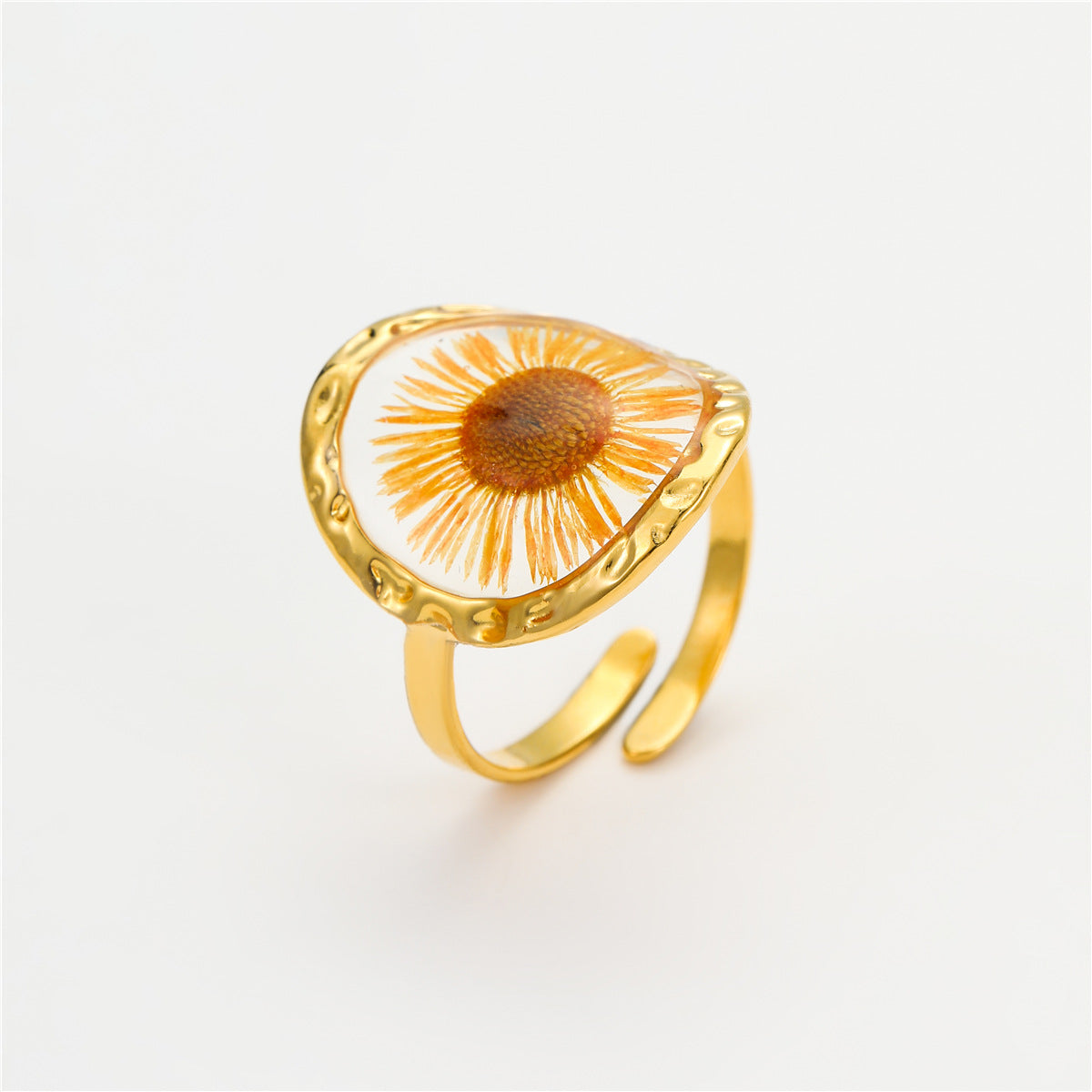 Anillo de Acero Inoxidable Chapado en Oro de 18K con Diseño Geométrico Natural de Girasol y Flores Secas para Mujer