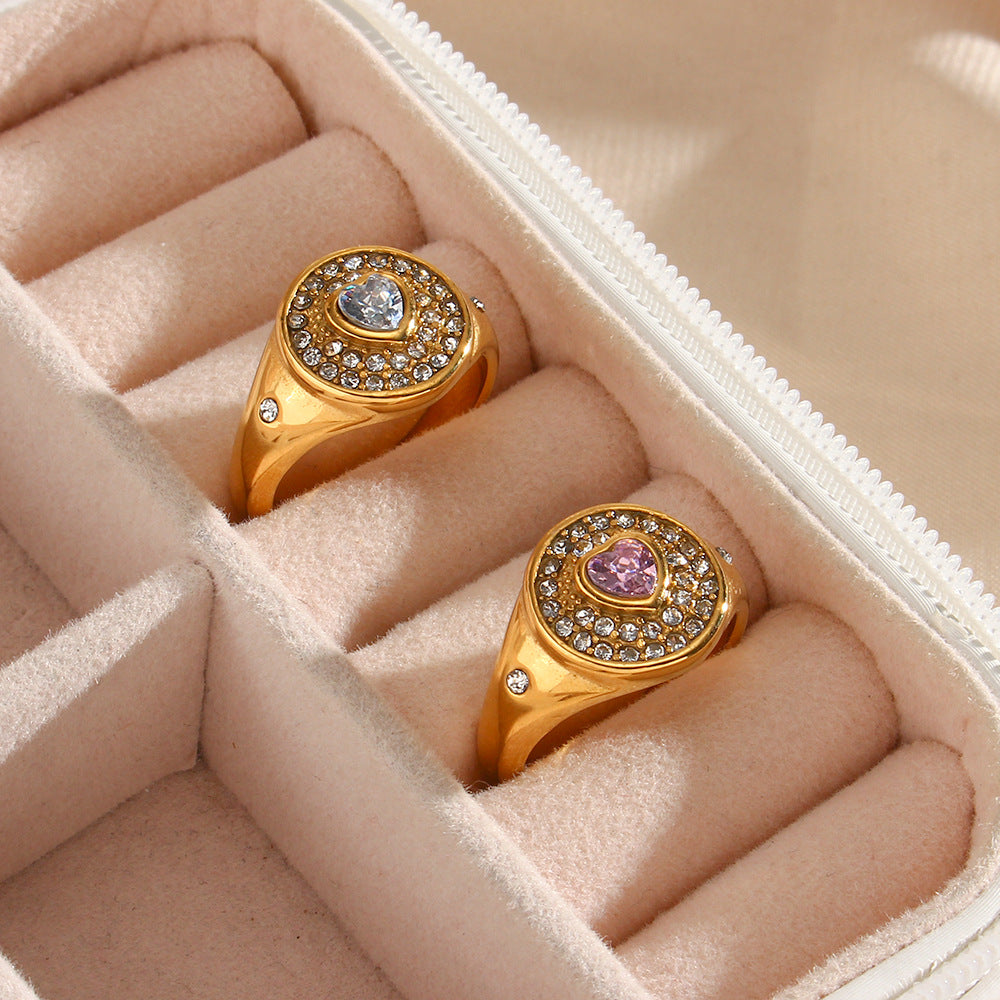 Vintage Minimalist Geometric Stainless Steel Plated 18K Gold Heart-Shaped Zircon Ring for Women