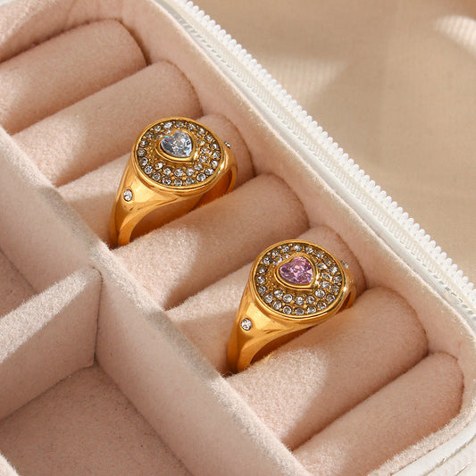 Anello da donna in zircone placcato oro 18 carati a forma di cuore, in acciaio inossidabile, stile geometrico minimalista vintage