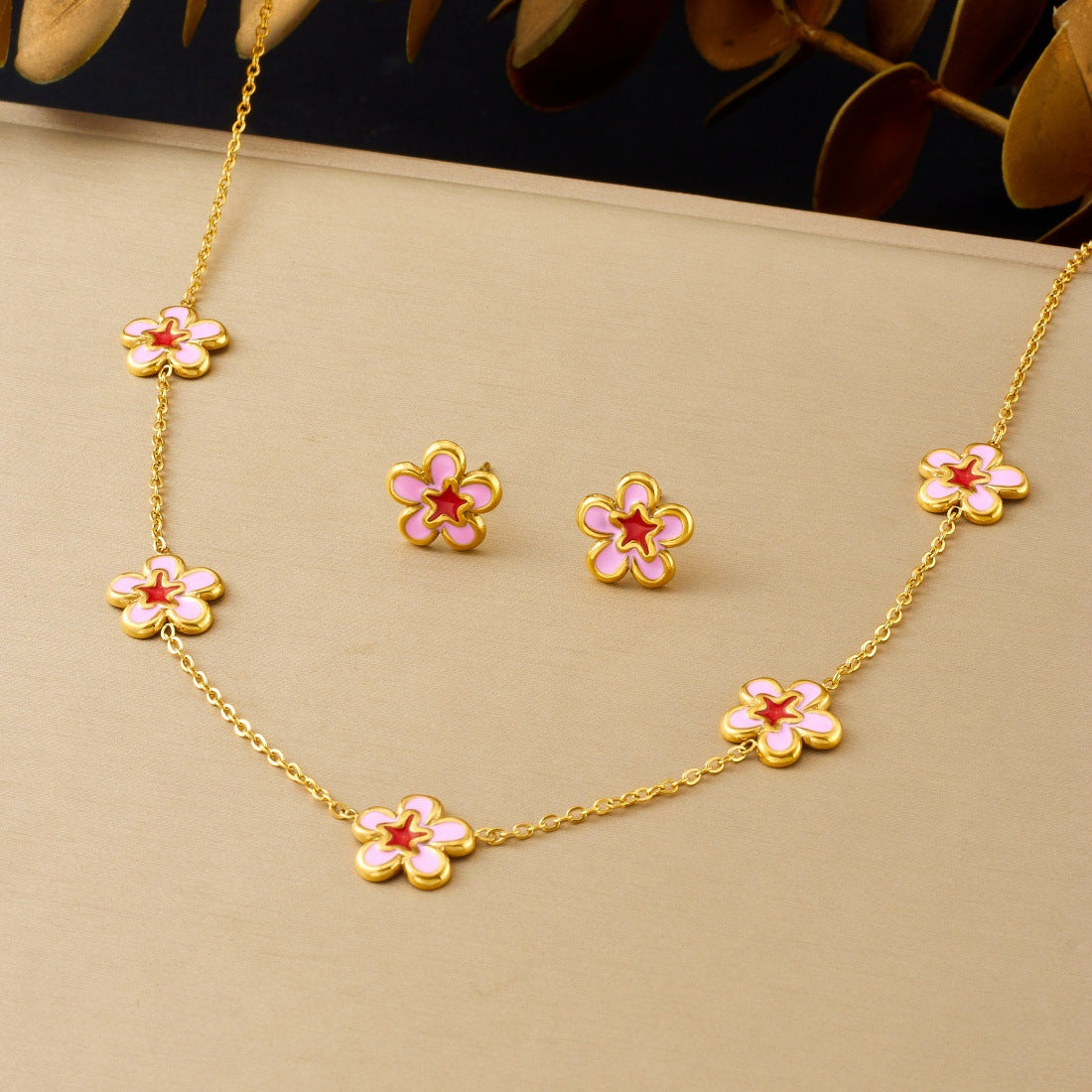 Sweet Minimalist Gold Plated Drip Oil Floral Stainless Steel Necklace Set for Women