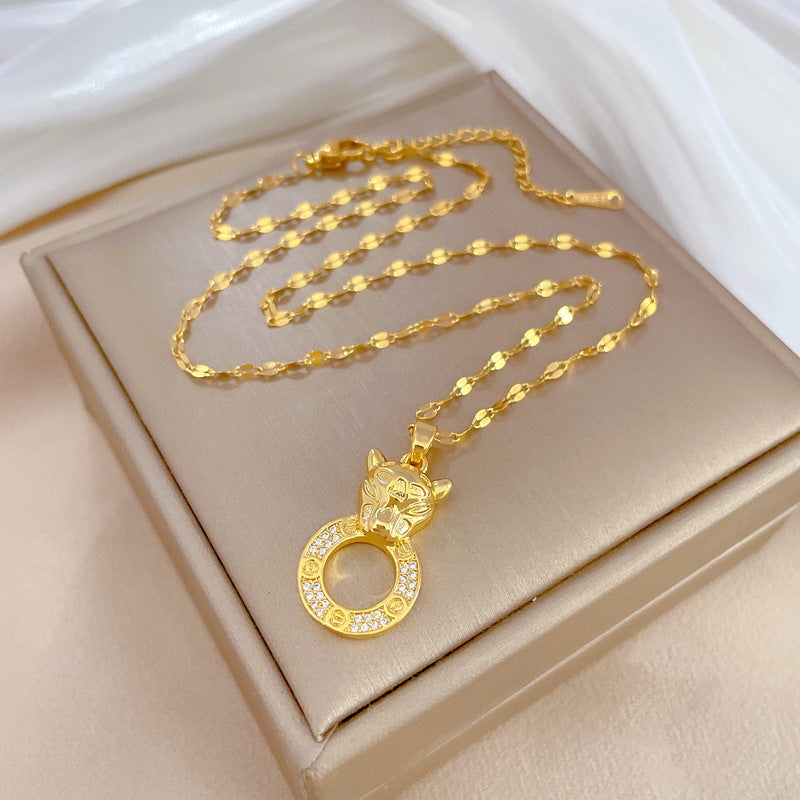 Elegant Leopard Pendant Necklace for Women in Stainless Steel with Geometric Design and Moon Motif