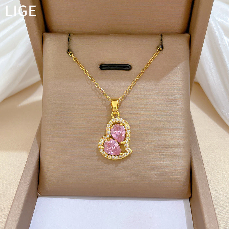Sweet Minimalist Irregular Pink Heart Rhinestone Titanium Steel Necklace for Unisex