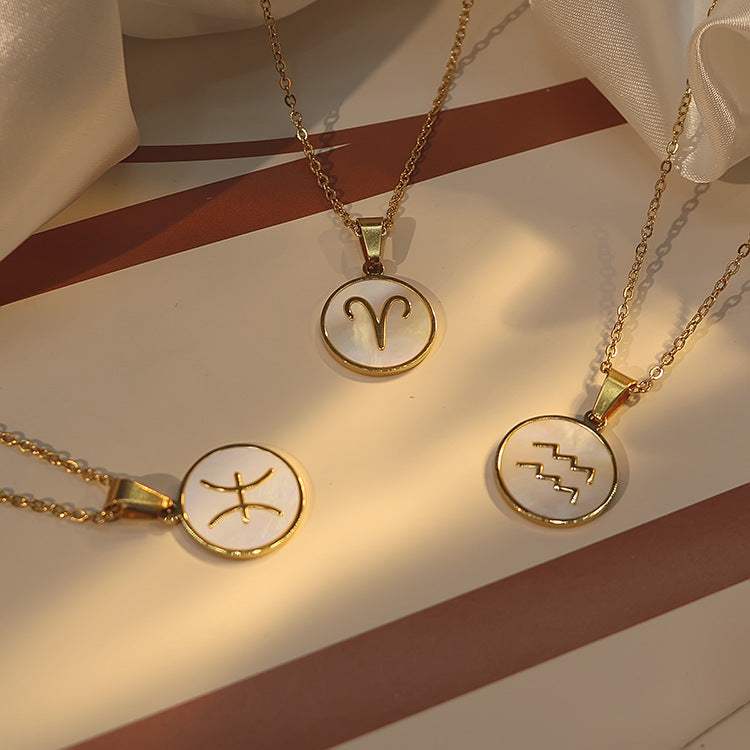 Collana con ciondolo zodiacale in stile INS in acciaio inossidabile con placcatura in oro 18 carati, catena a onda d'acqua, da donna