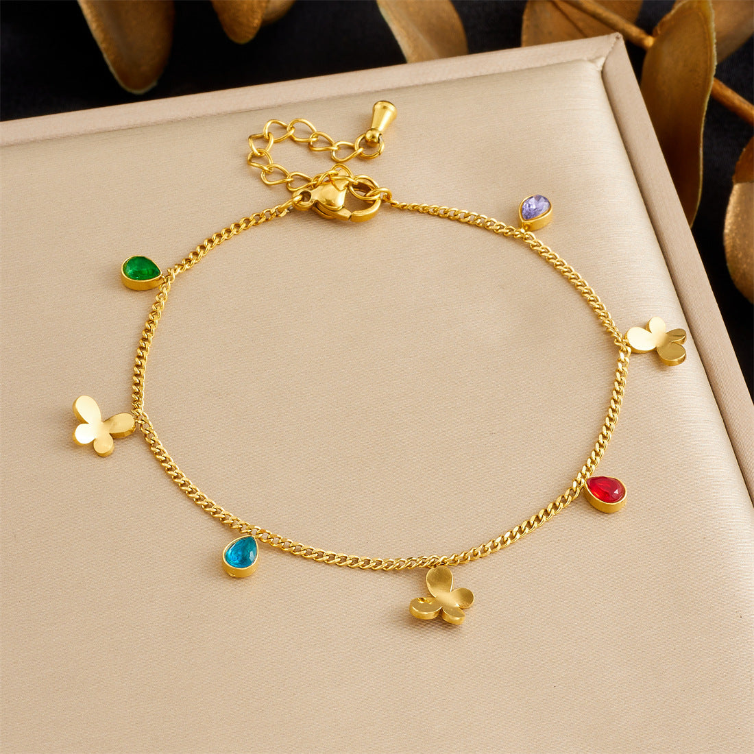 Minimalist Sweet Stainless Steel Drip Oil Plated Heart Floral Fruit Rhinestone Bracelet