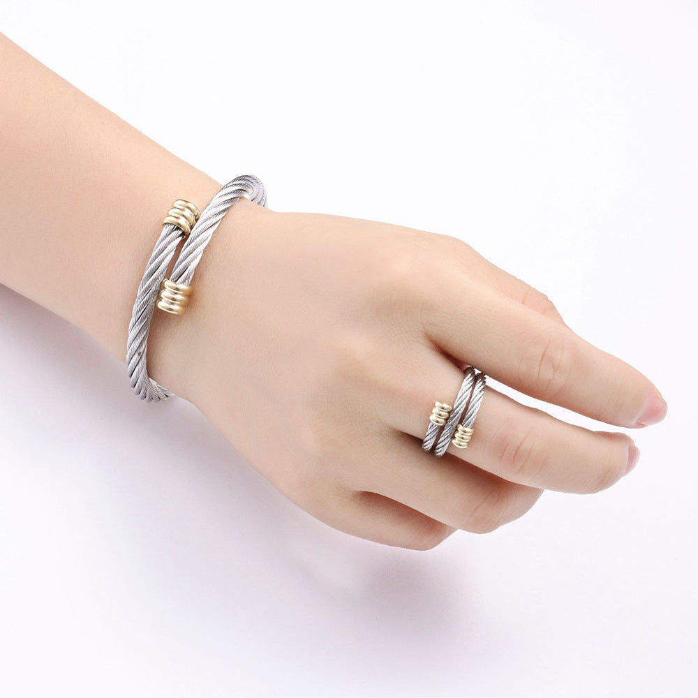 Geometric Round Titanium Steel Plated Micro-Inlaid Bracelet and Ring Set for Unisex