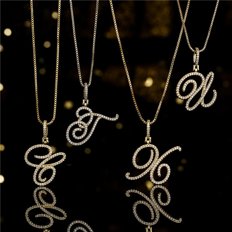 Minimalist Geometric Letter Pendant Necklace in Brass with Micro-Pavé Setting on Box Chain