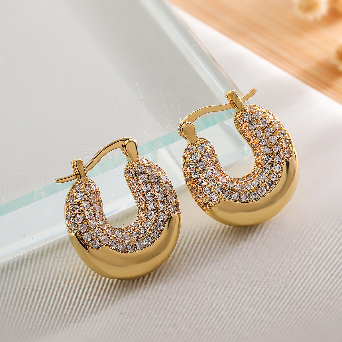 Geometric Earrings for Women with Copper Base Plated in 18K Gold and Micro-Paved Zirconia, Fashionable and Versatile Luxury Design