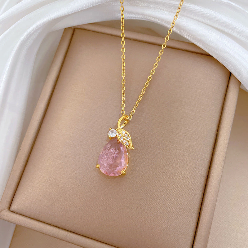 Sweet Elegant Leaf Teardrop Rhinestone Plated Titanium Steel Necklace for Unisex