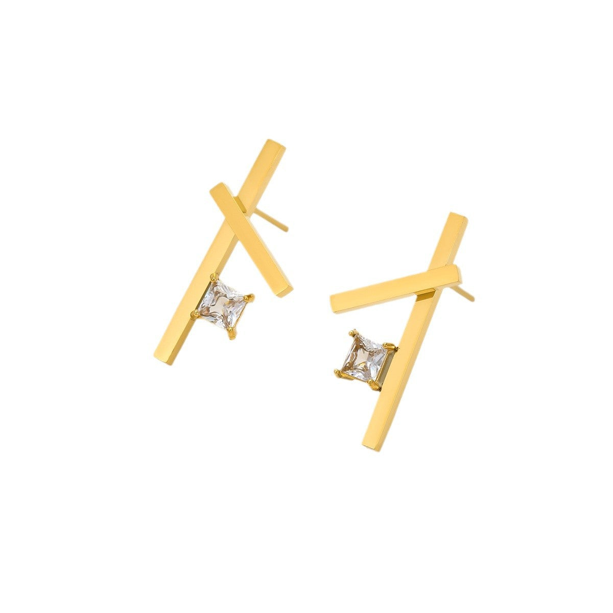 Orecchini a perno con zirconi a croce minimalisti in acciaio inossidabile da donna, con finitura galvanica e design geometrico