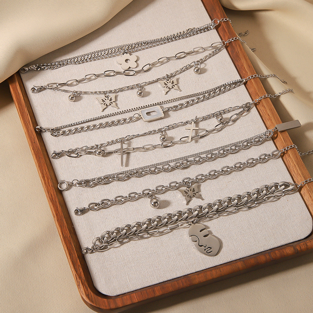 INS Style Butterfly and Cross Pendant Stainless Steel Multi-Layer Cuban Bracelet with Gold Plating for Unisex