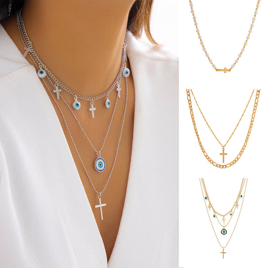 Collar con colgante de cruz minimalista para mujer con detalles de borlas, diseño geométrico de aleación con acabado chapado