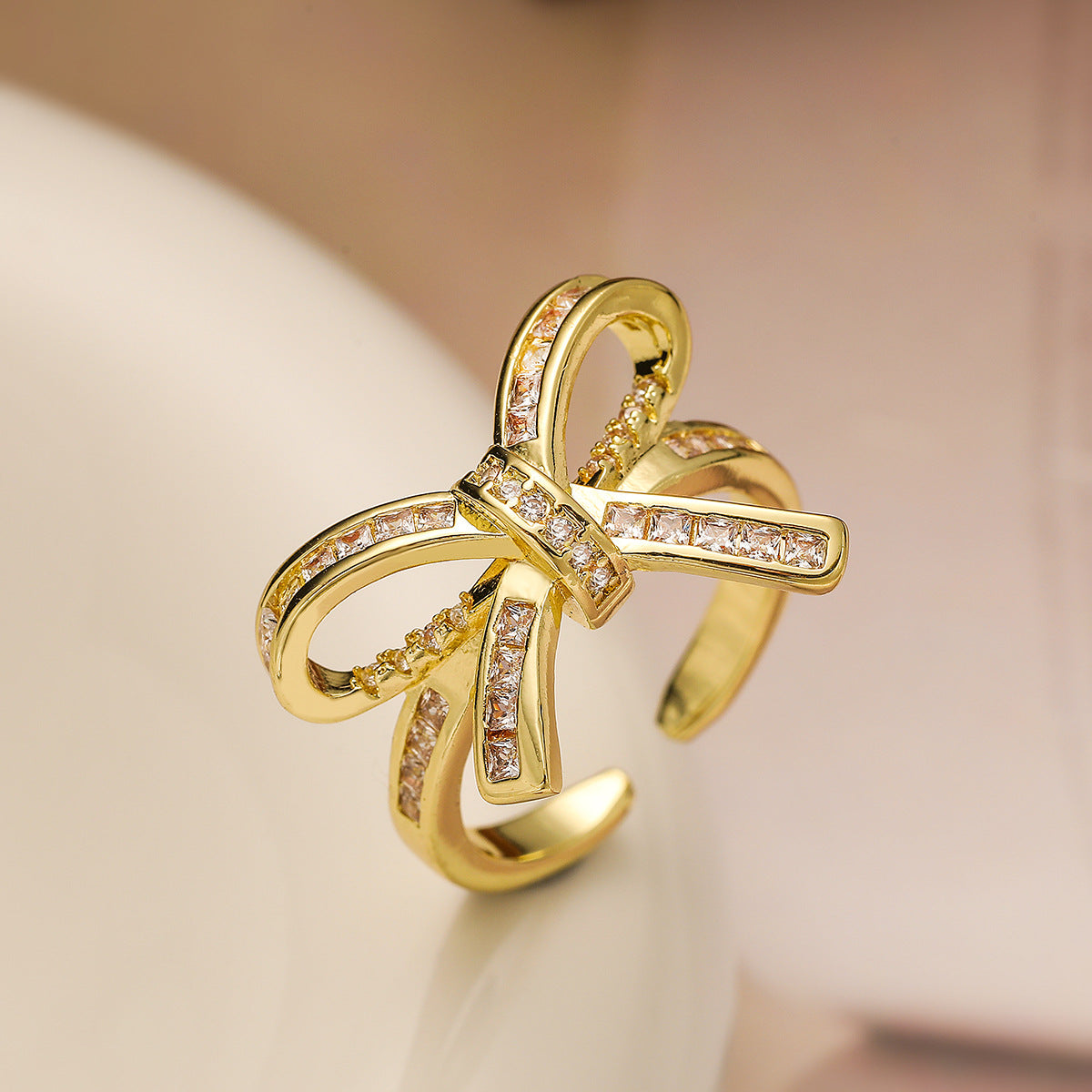 Sweet 18K Gold Plated Brass Geometric Bow Knot Ring with Cubic Zirconia for Women