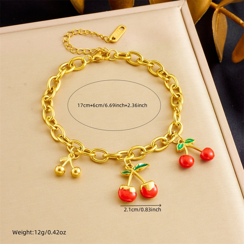 Bracciale da donna con ciondolo a lucchetto a cuore in ciliegio, stile dolce foresta, in acciaio inossidabile placcato oro, gioielli estivi