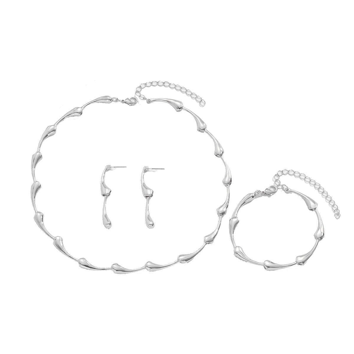 Set Collana Lunga Minimalista con Giunto di Bambù, Orecchini e Bracciale Coordinati da Donna, Gioielli Placcati in Lega