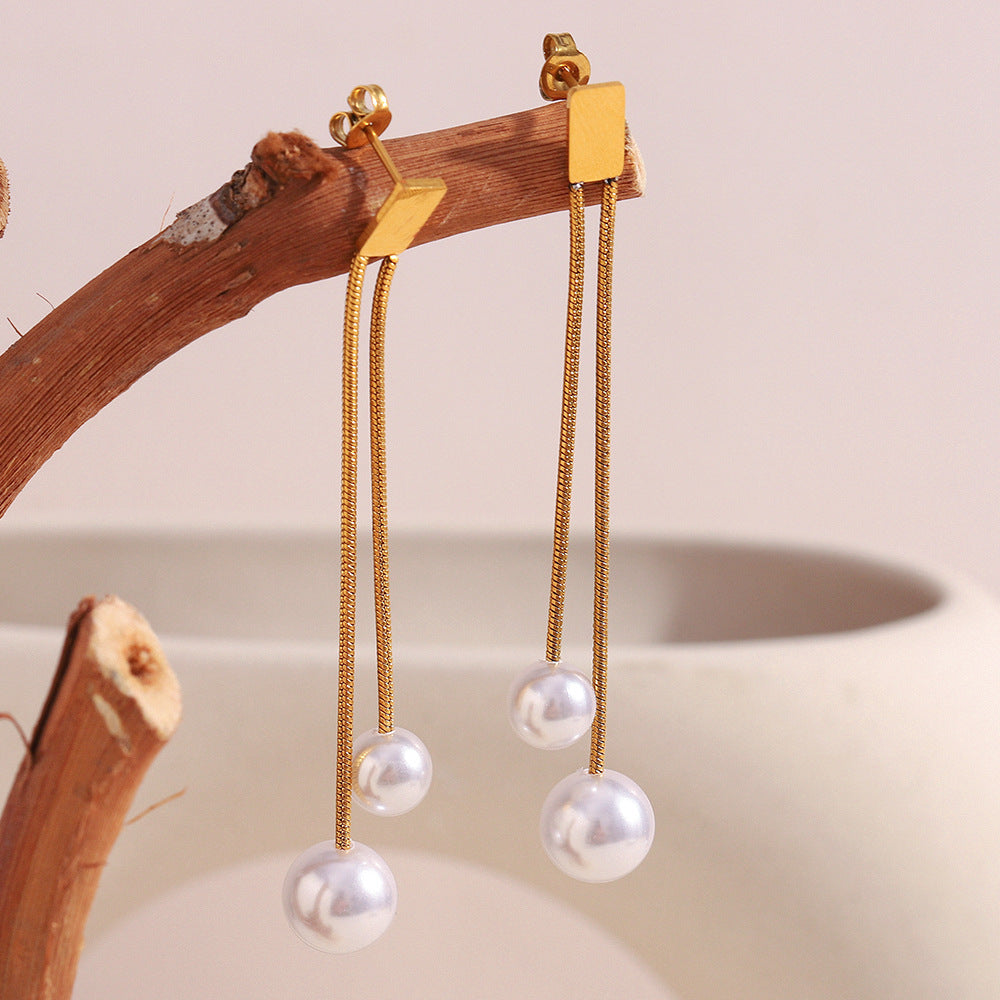 Geometric Vintage-Style Stainless Steel Earrings with 18K Gold Plating and Pearl-Like Dangle for Women