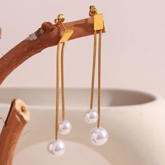 Geometric Vintage-Style Stainless Steel Earrings with 18K Gold Plating and Pearl-Like Dangle for Women