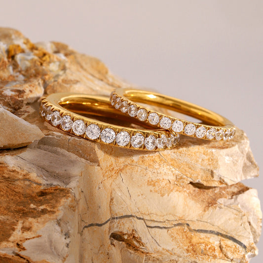 Geometric Round Stainless Steel Plated Cubic Zirconia Ring for Women