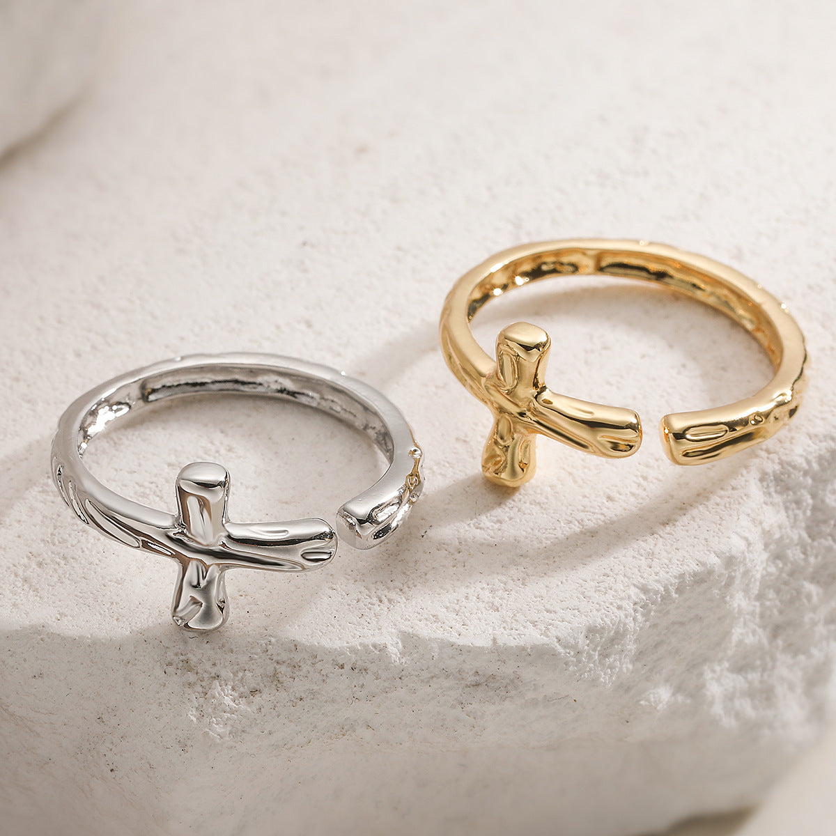 Minimalist 18K Gold Plated Brass Geometric Cross Open Ring for Women