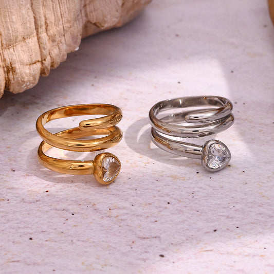 Creative Geometric Stainless Steel Plated 18K Gold Double-Layer Snake-Head Short Heart White Rhinestone Ring for Women