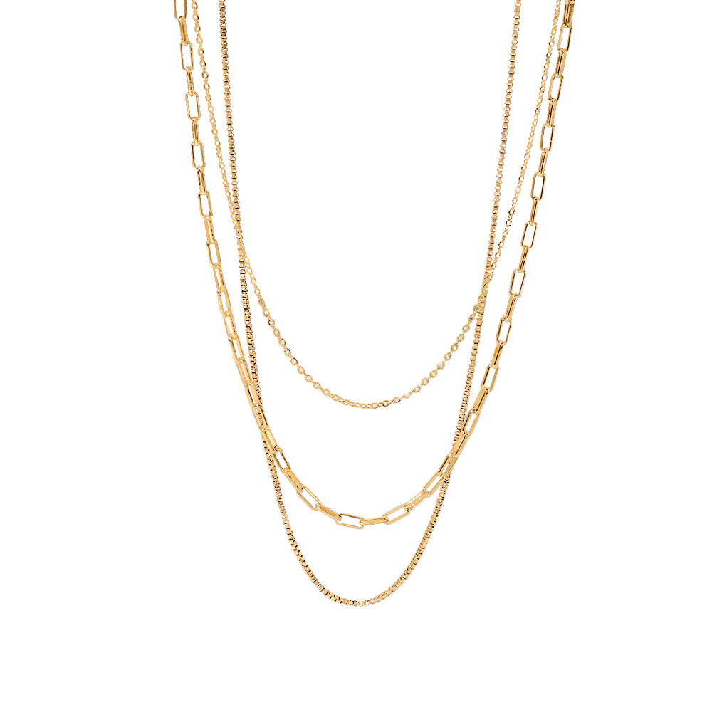 Vintage Geometric 18K Gold Plated Stainless Steel Triple Layer Paperclip Box Chain Necklace