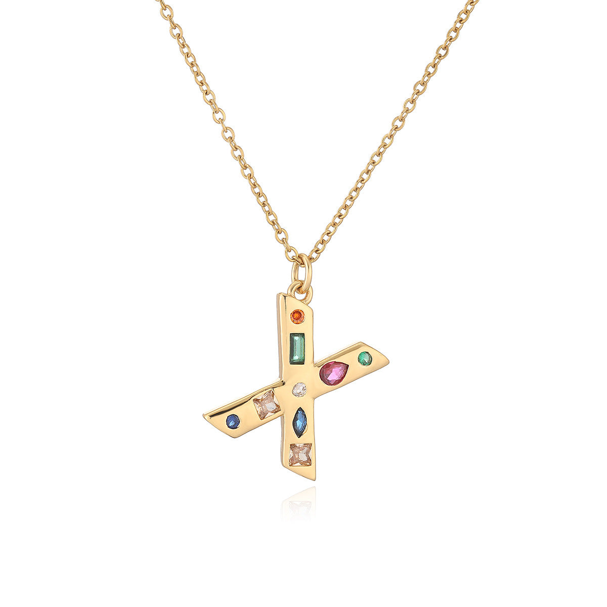 Minimalist Letter Shape Copper Pendant Necklace with 18K Gold Plating and Colored Zircon Inlay for Women